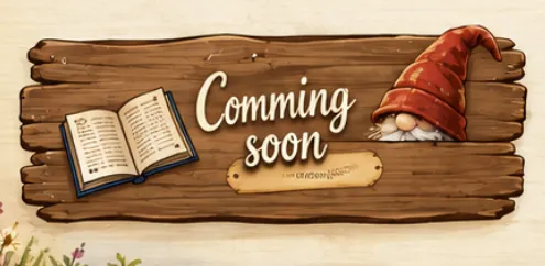 Holzschild mit der Aufschrift Coming soon, einem offenen Buch und einem neugierigen Wichtel