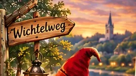Holzschild „Wichtelweg” mit Laterne und roter Wichtelmütze im Abendlicht